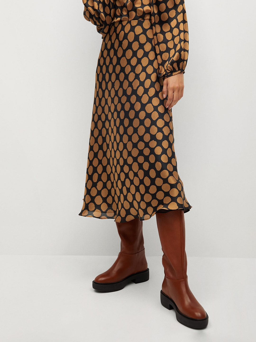 

MANGO Women Black & Brown Geometric Print Midi A-Line Skirt