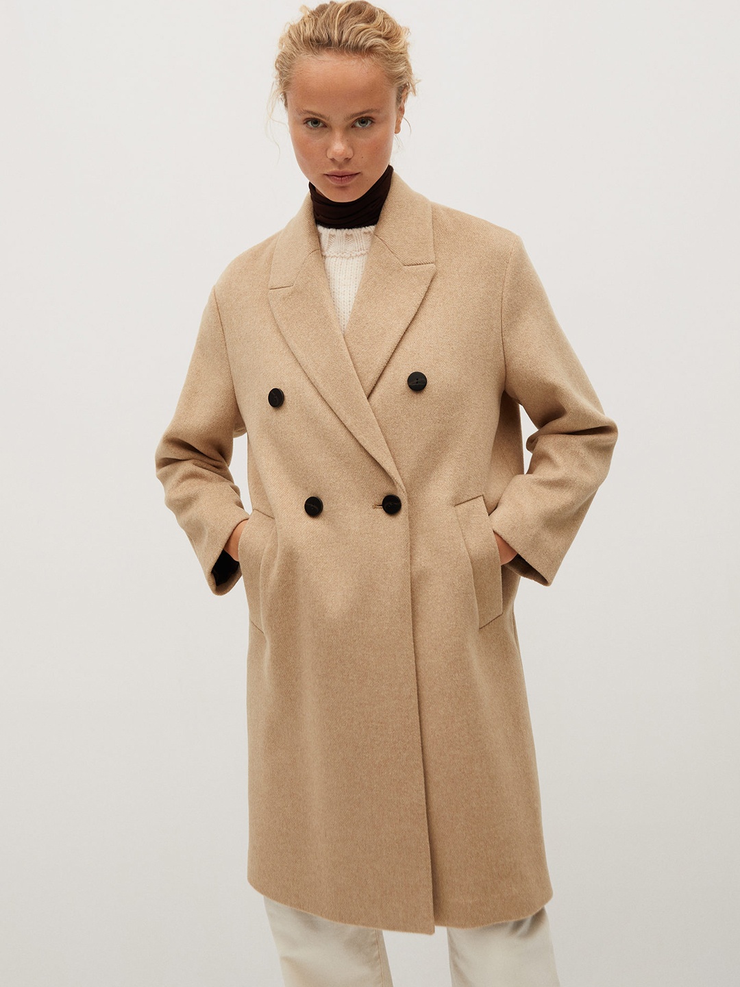 

MANGO Women Beige Solid Double Breasted Knee length Overcoat