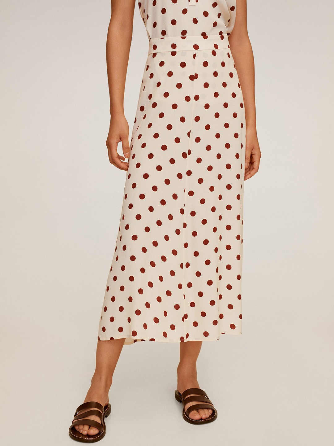 

MANGO Women Off-White & Brown Sustainable Polka Dot Print Midi A-Line Skirt