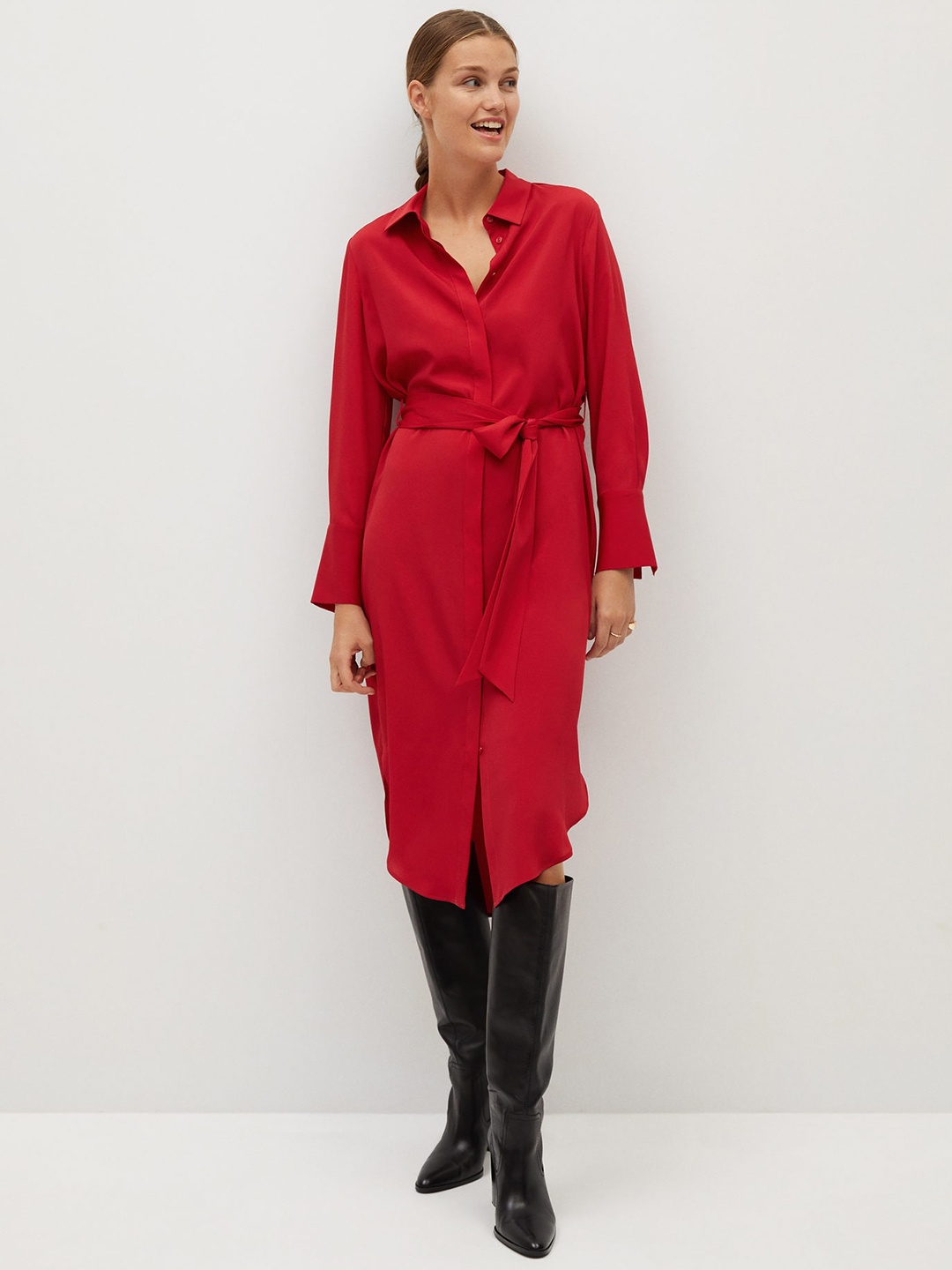 

MANGO Women Red Solid Shirt Dress