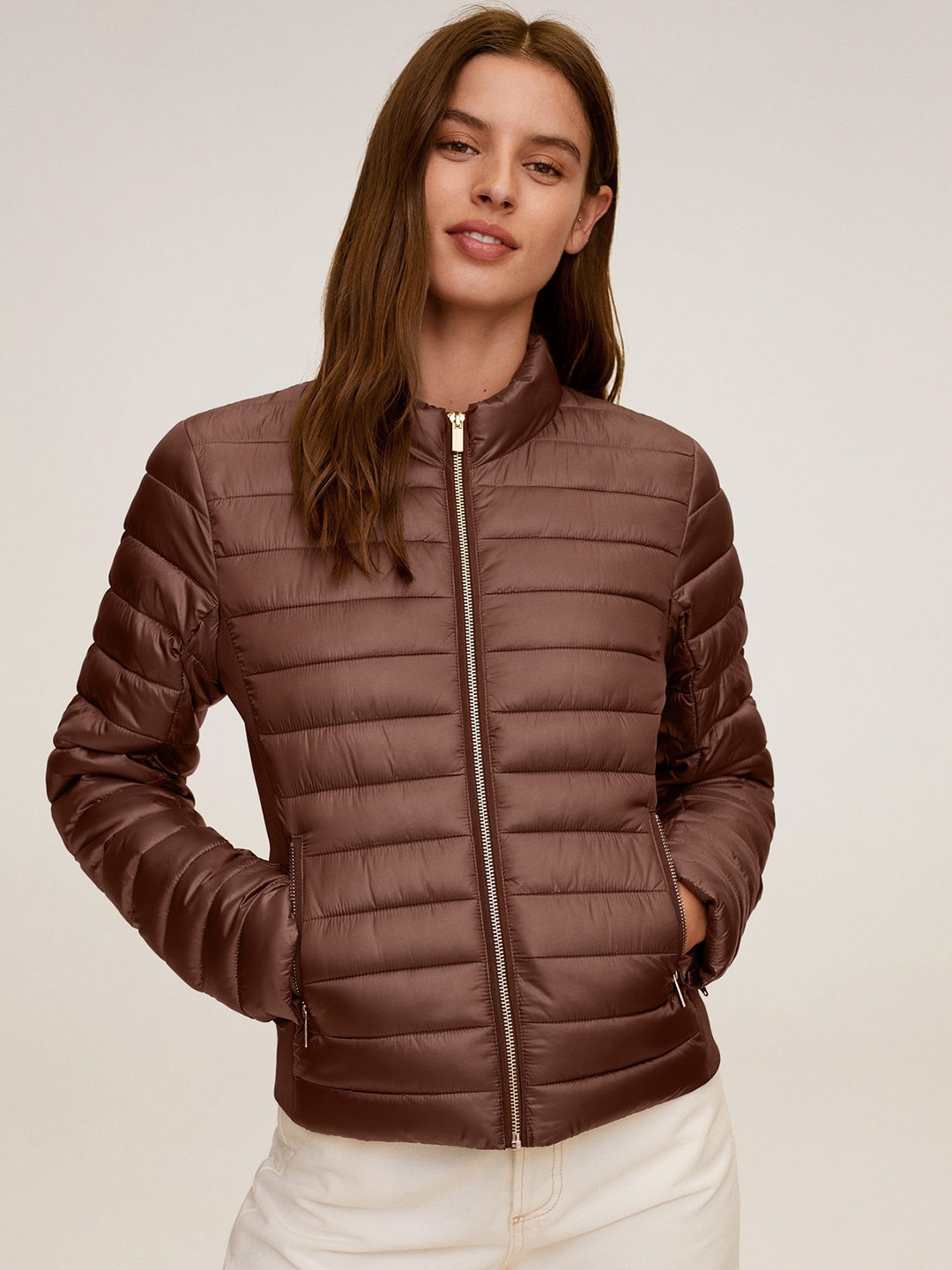 

MANGO Women Brown Solid Padded Jacket