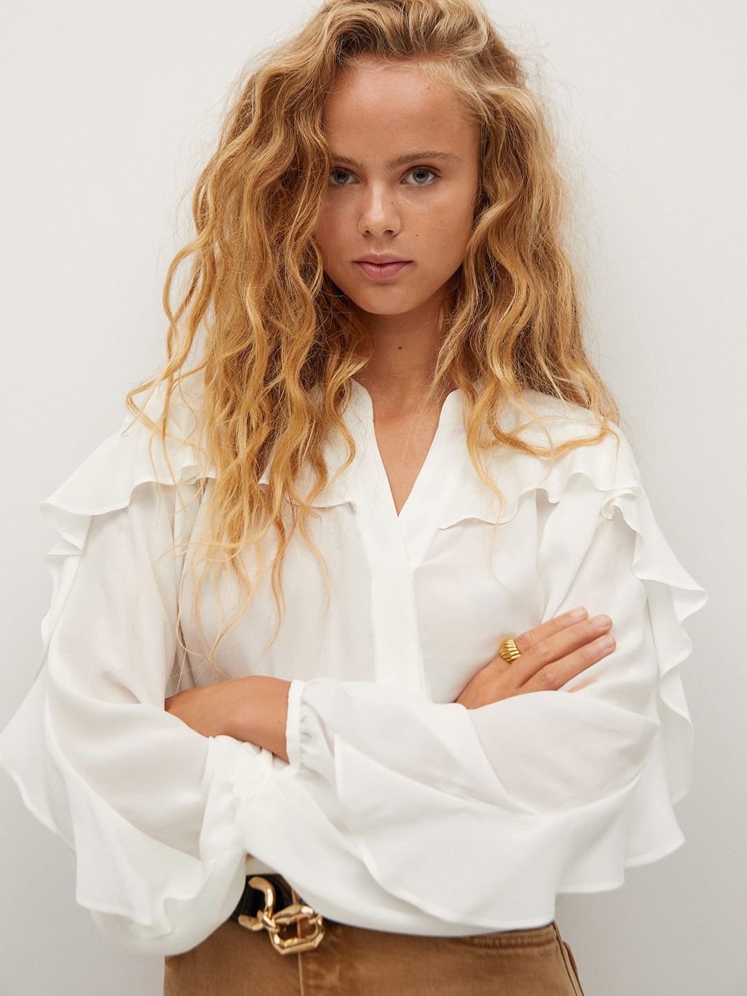 

MANGO Women White Solid Ruffled Top