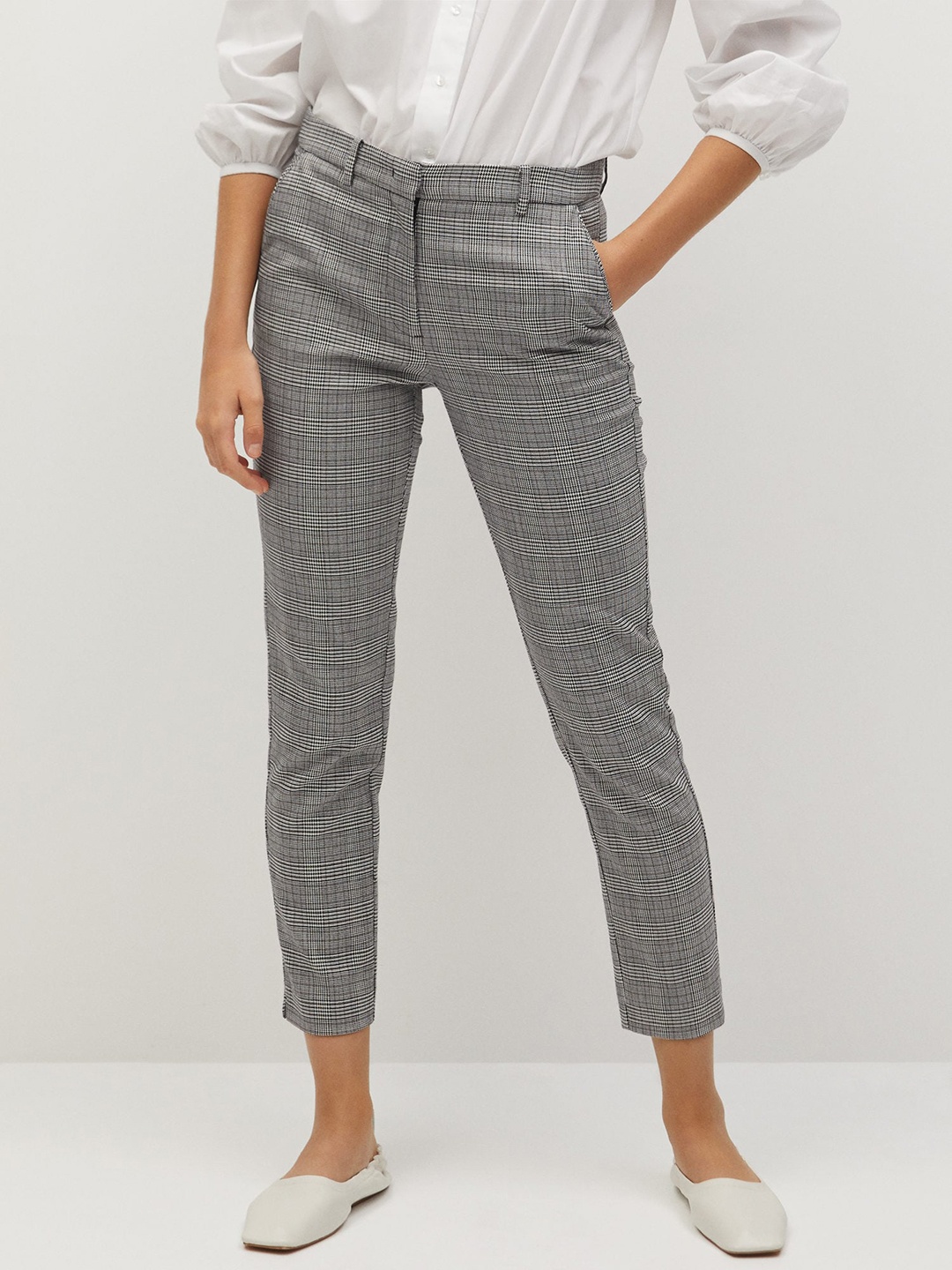 

MANGO Women Black & White Slim Fit Checked Cropped Formal Trousers