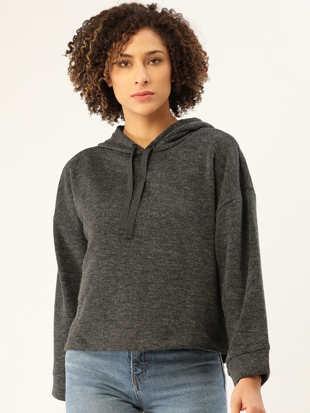 

MANGO Women Charcoal Grey Solid Hooded Sweatshirt