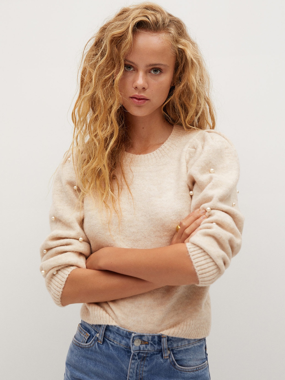 

MANGO Women Beige Solid Pullover