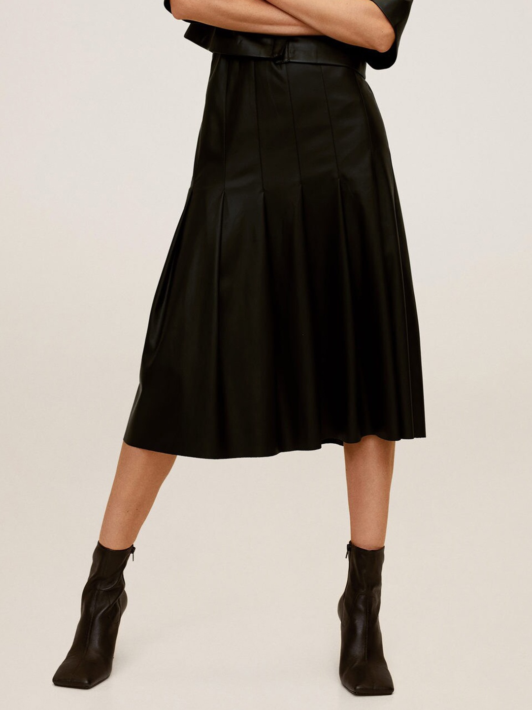

MANGO Women Black Solid Pleated Midi A-Line Skirt