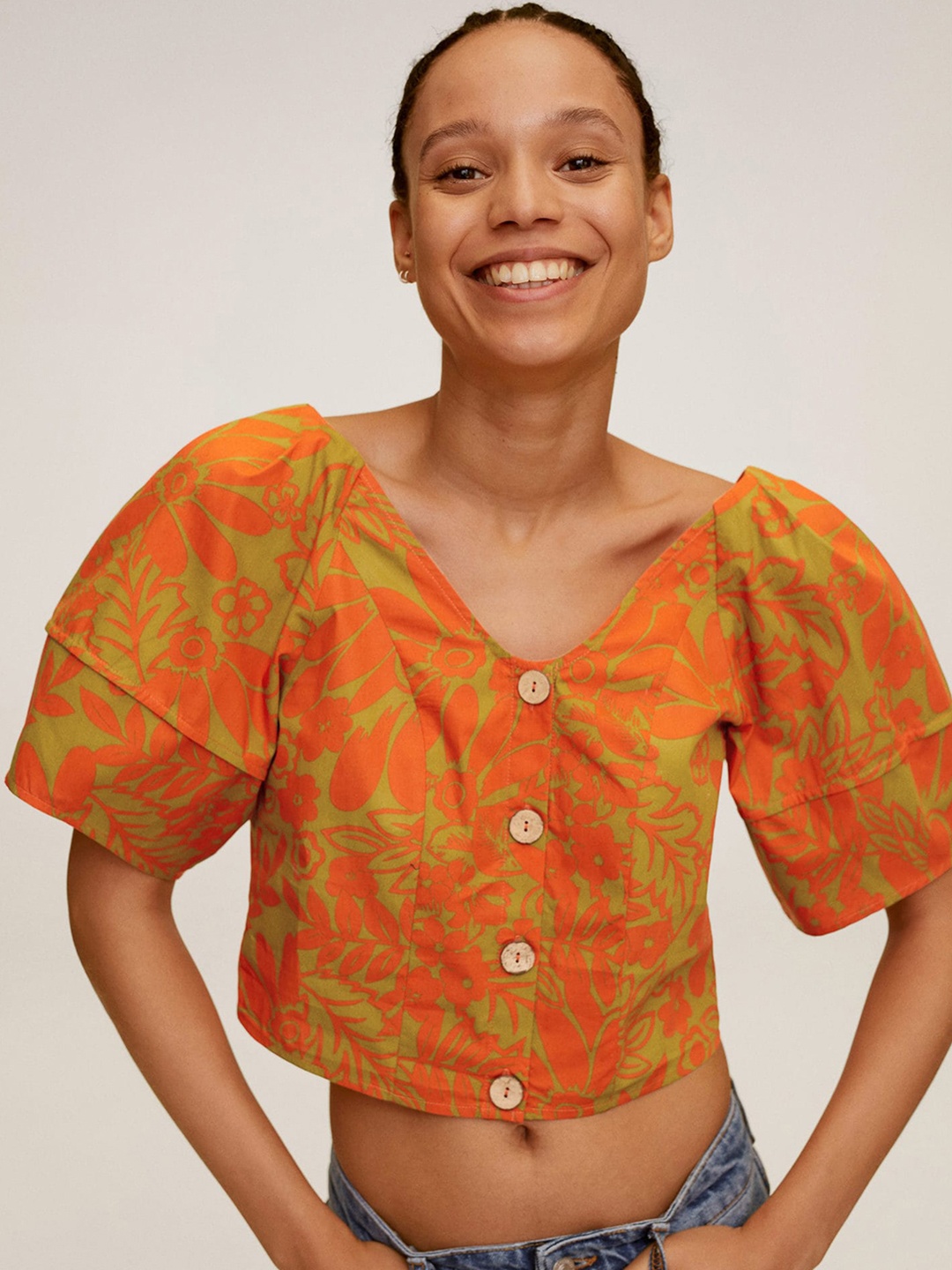 

MANGO Women Olive Green & Rust Orange Floral Printed Crop Pure Cotton Top