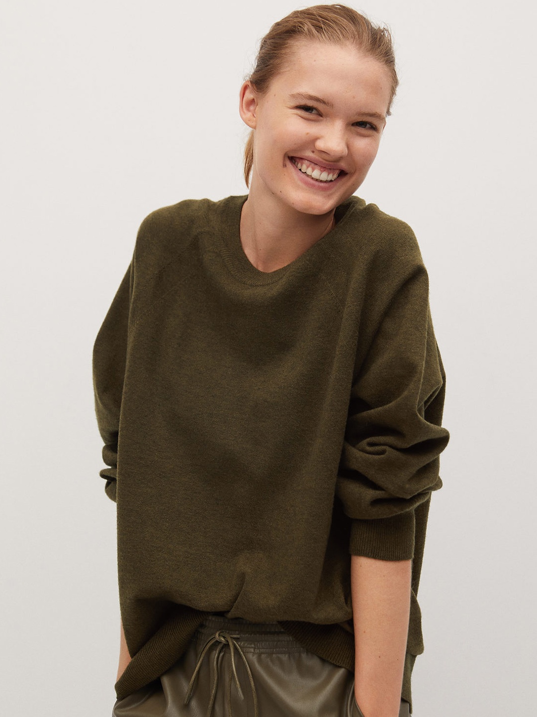 

MANGO Women Olive Green Solid Pullover