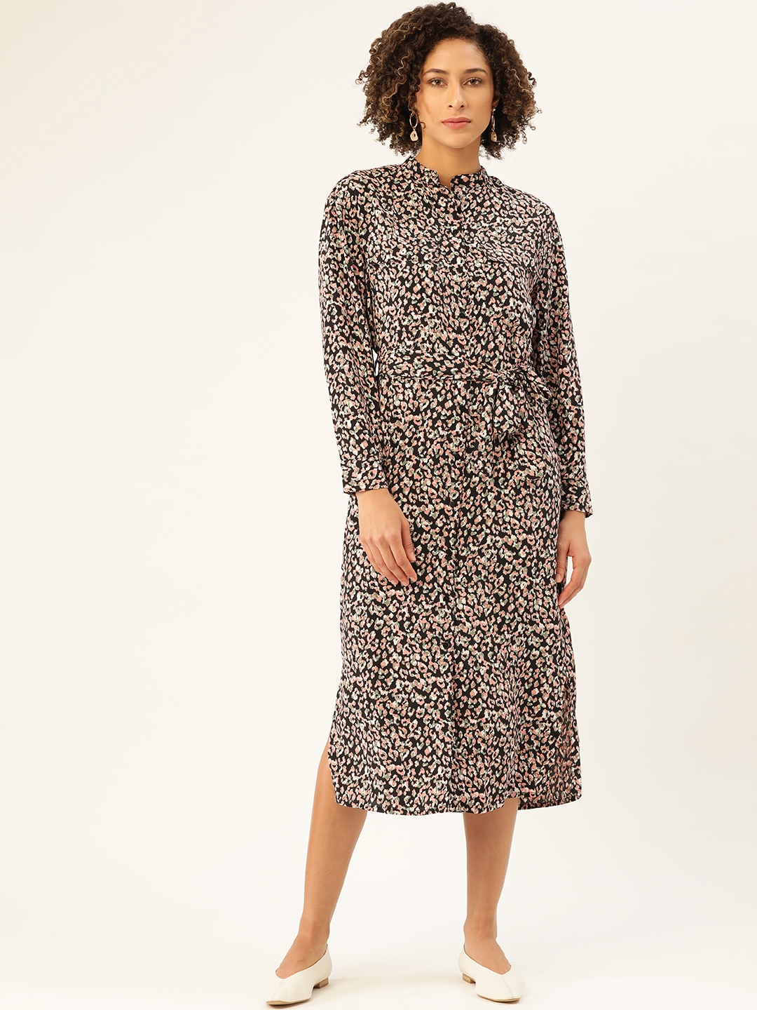 

MANGO Women Black & Pink Leopard Printed Midi A-Line Dress with Belt