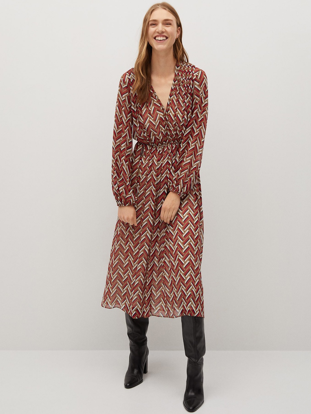 

MANGO Women Maroon & White Printed A-Line Dress