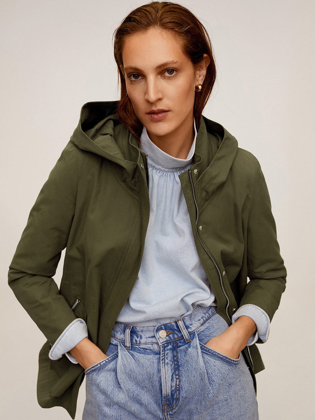 

MANGO Women Olive Green Solid Hooded Tailored Jacket