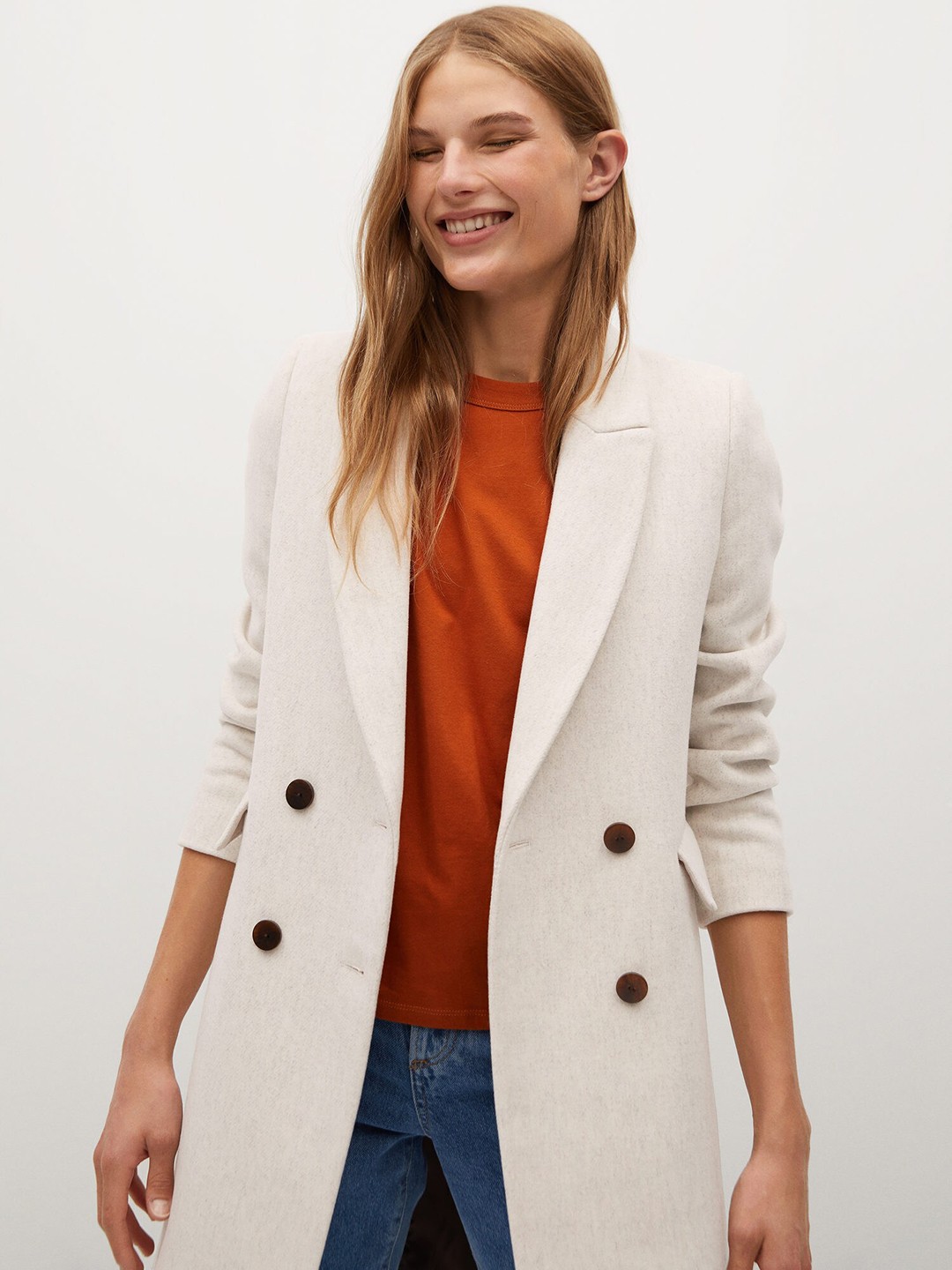 

MANGO Women Off-White Solid Double Breasted Knee length Overcoat
