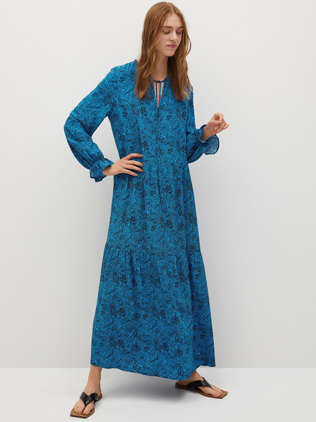 

MANGO Women Blue & Black Animal Print Tiered Maxi Dress