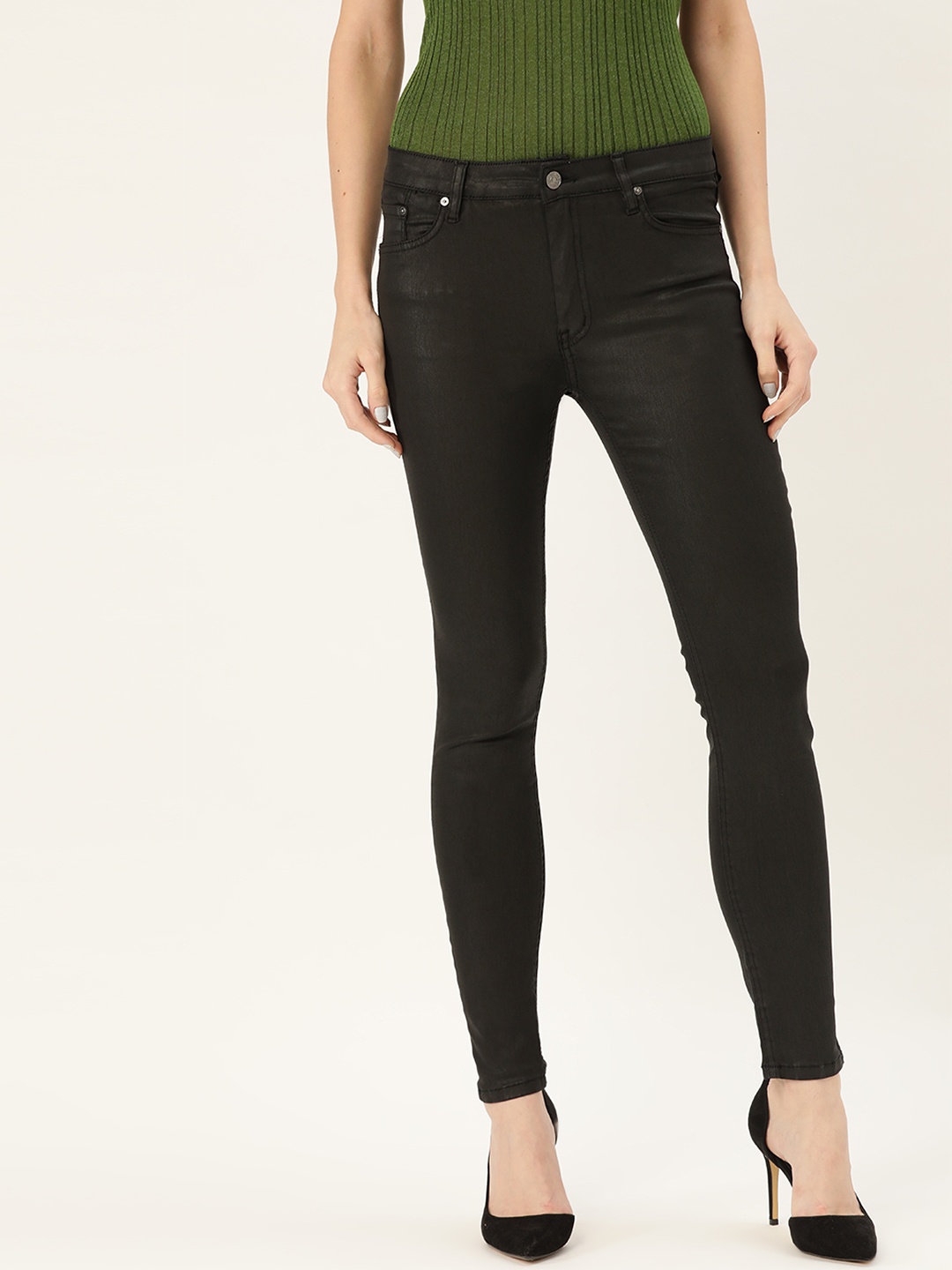 

MANGO Women Black Skinny Fit Coated Mid-Rise Clean Look Stretchable Jeans