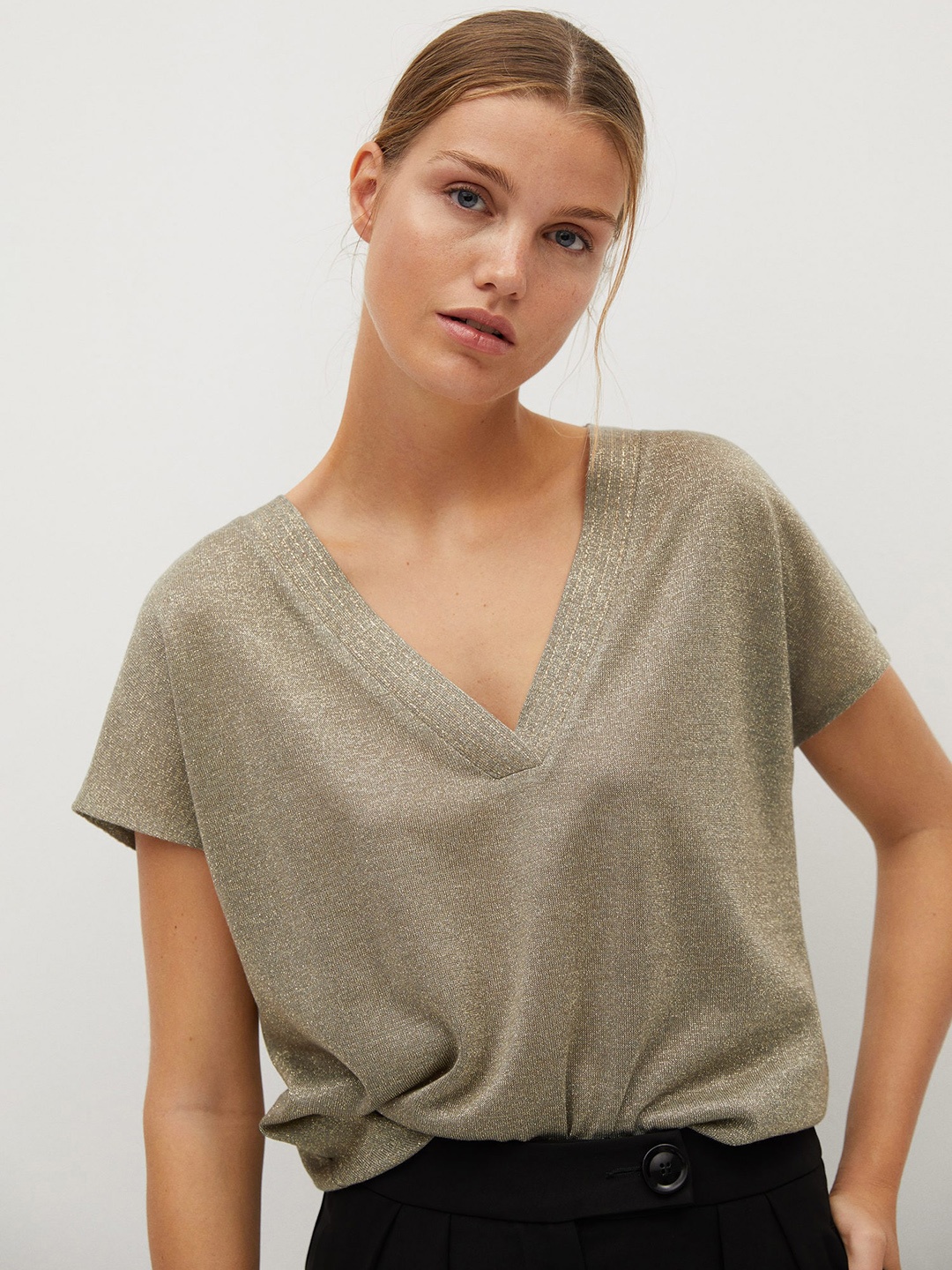 

MANGO Women Grey Solid Boxy Top