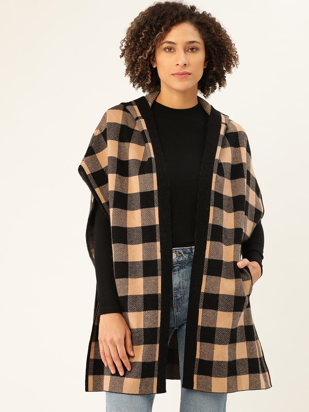 

MANGO Women Peach-Coloured & Black Hooded Checked Front-Open Kimono Sweater