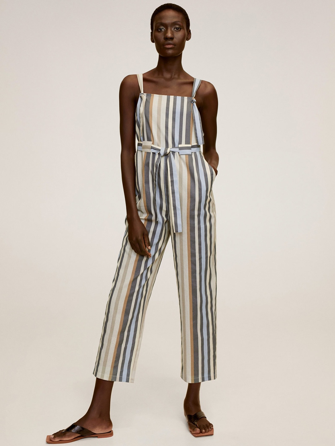 

MANGO Women Beige & Blue Striped Basic Jumpsuit