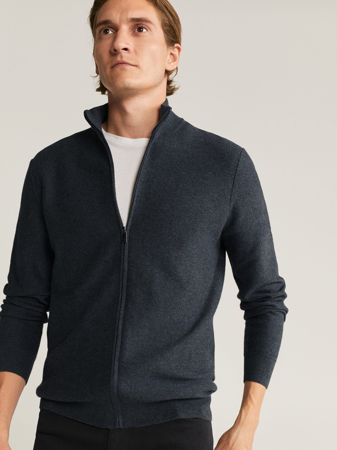 

MANGO MAN Men Charcoal Grey Sustainable Solid Cardigan