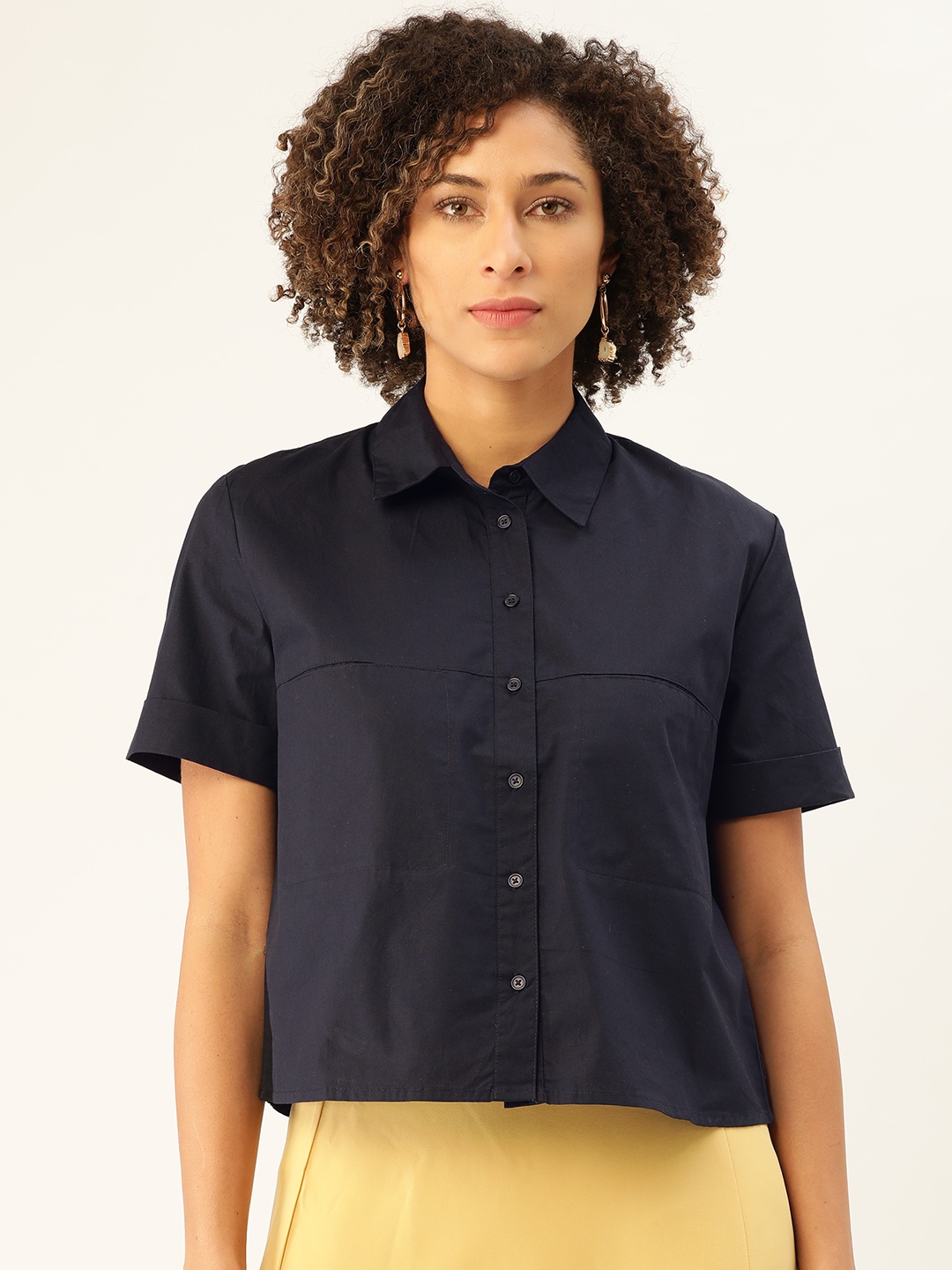 

MANGO Women Navy Blue Regular Fit Solid Casual Shirt