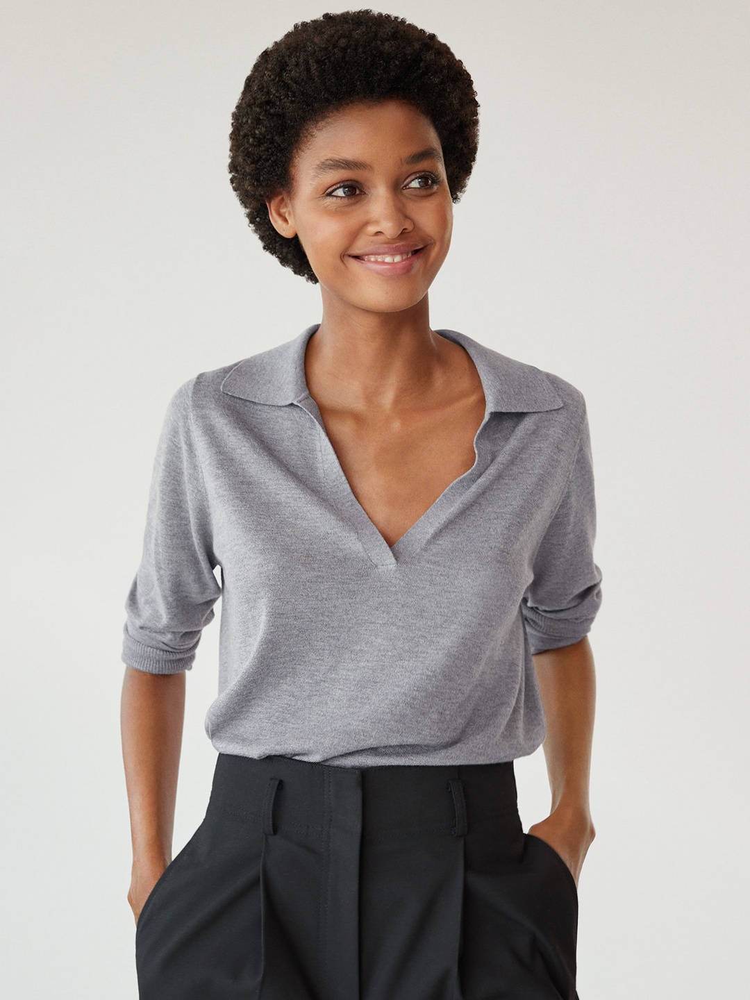 

MANGO Women Grey Melange Solid Polo Collar Pullover