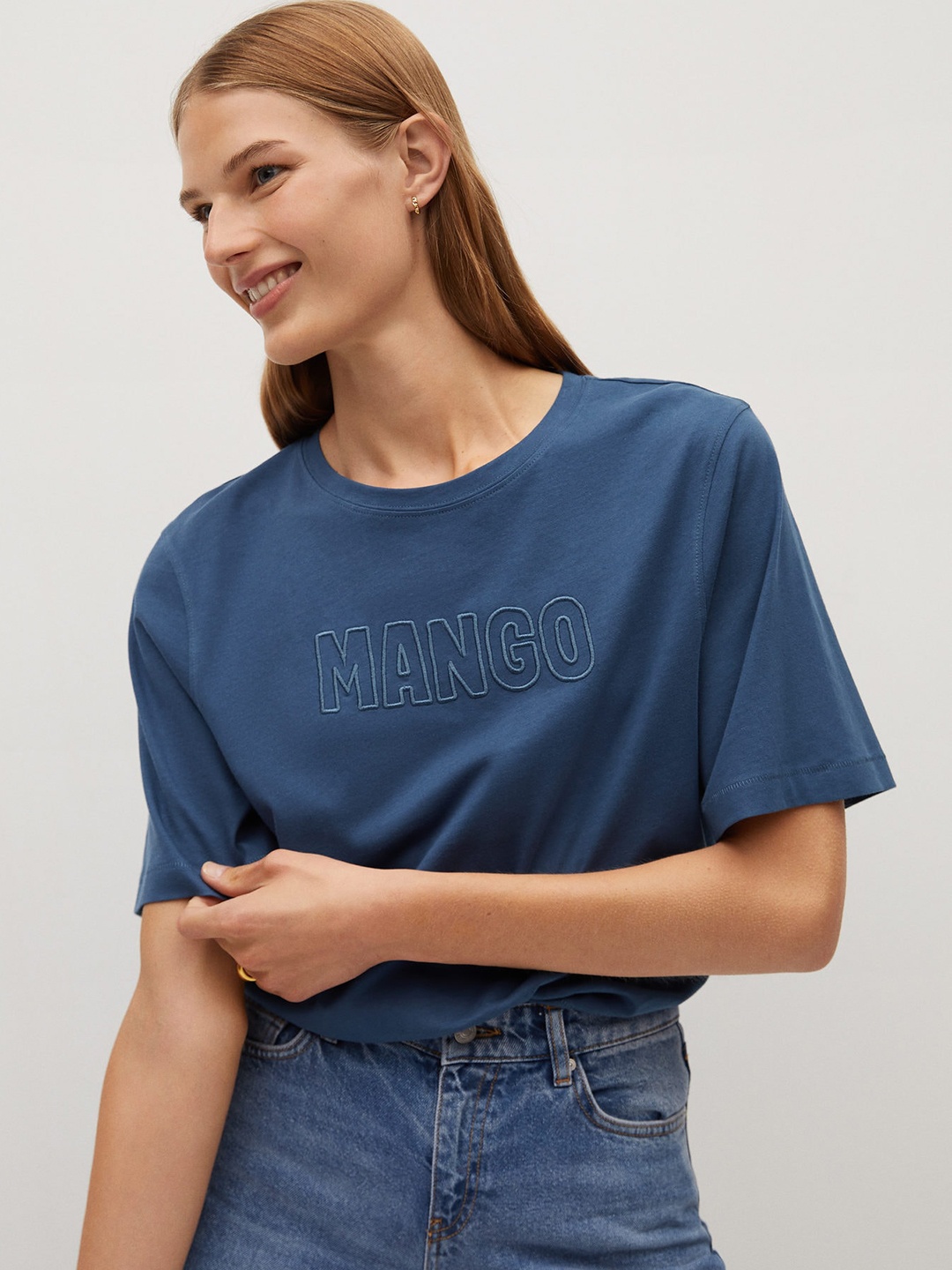 

MANGO Women Blue Brand Logo Embroidered Round Neck T-shirt