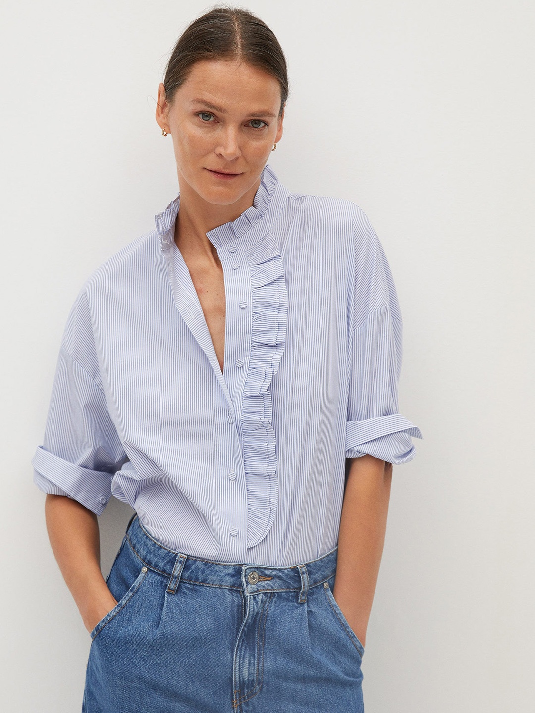 

MANGO White & Blue Striped Sustainable Ruffled Shirt Style Pure Cotton Top