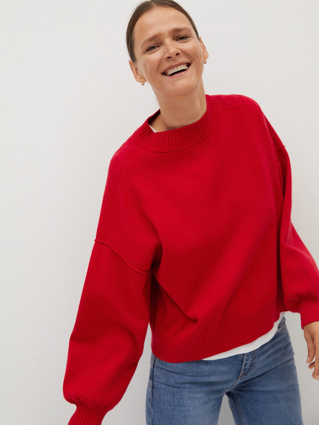 

MANGO Women Red Solid Oversize Pullover Sweater
