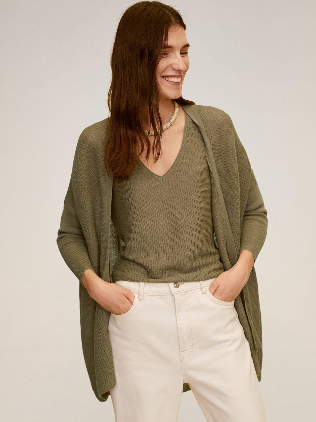 

MANGO Women Olive Green Solid Longline Front-Open Sweater
