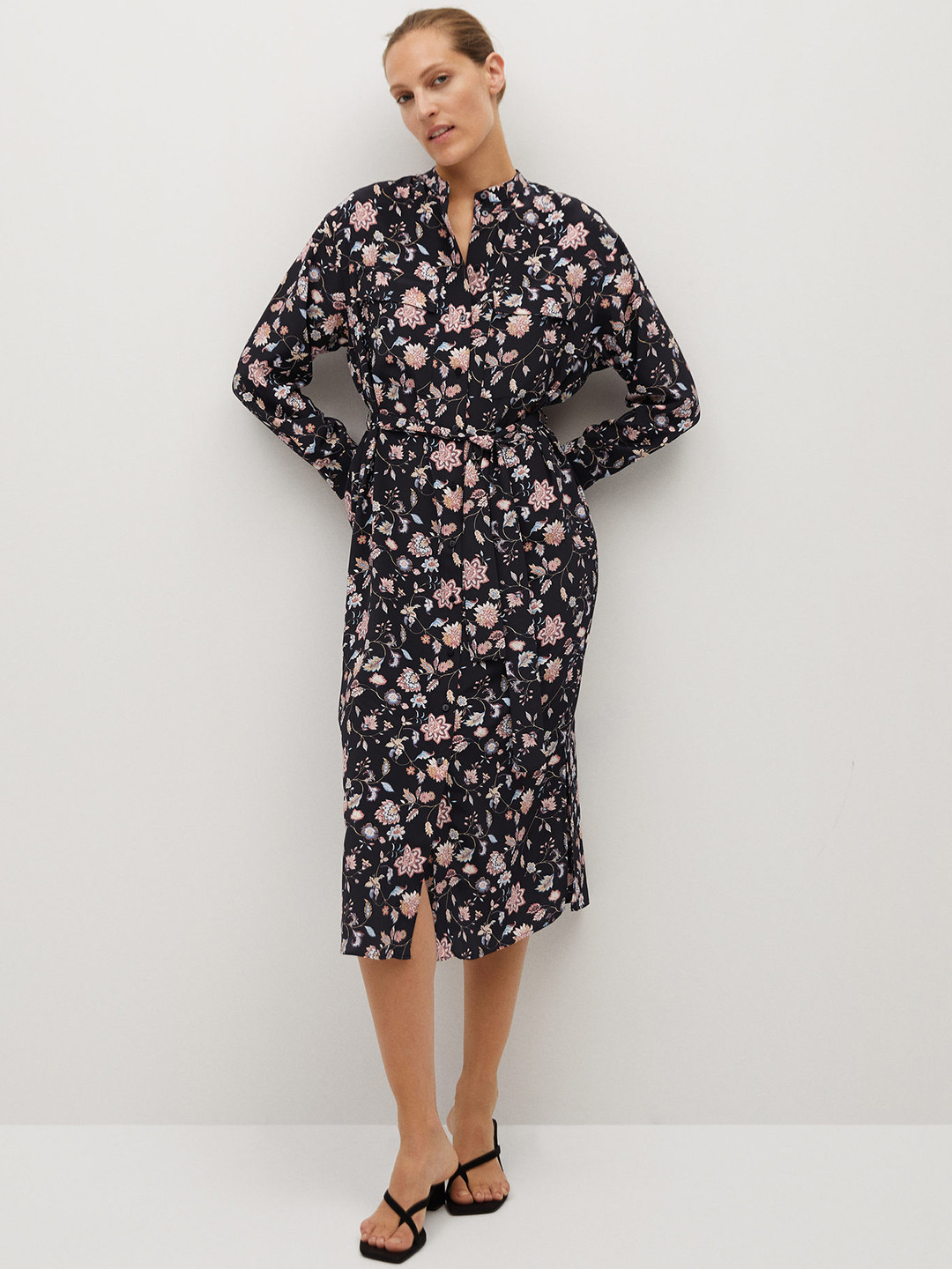

MANGO Women Black & Pink Floral Printed A-Line Dress
