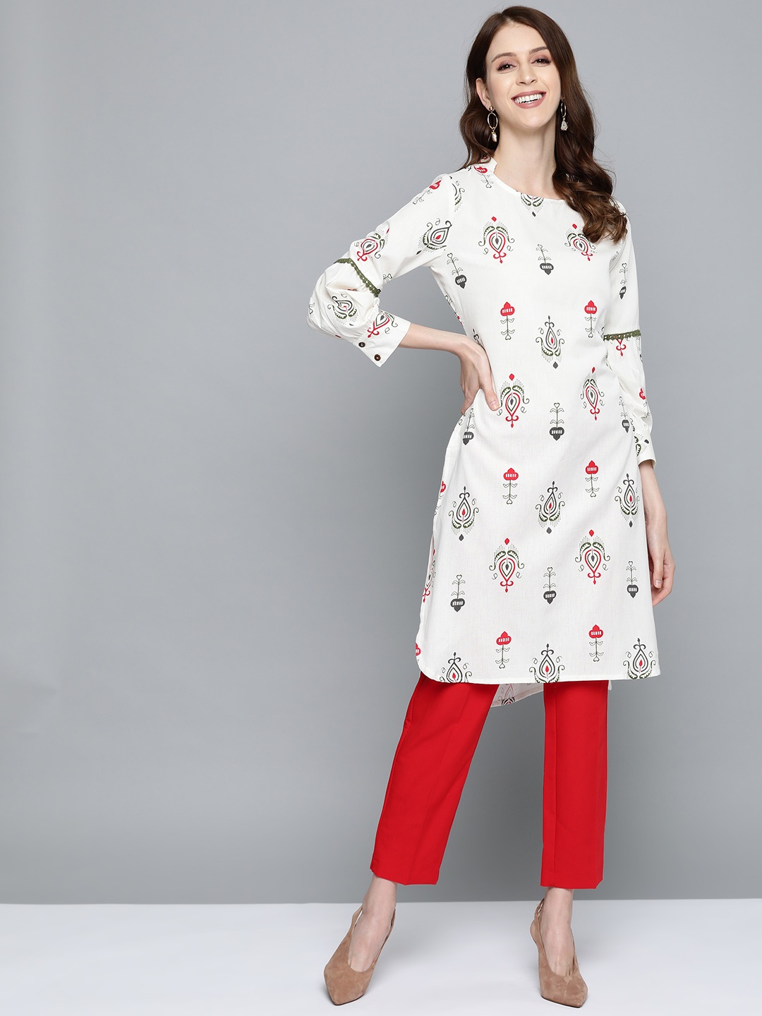 

HERE&NOW Women Off-White & Red Ethnic Motif Print Straight Kurta