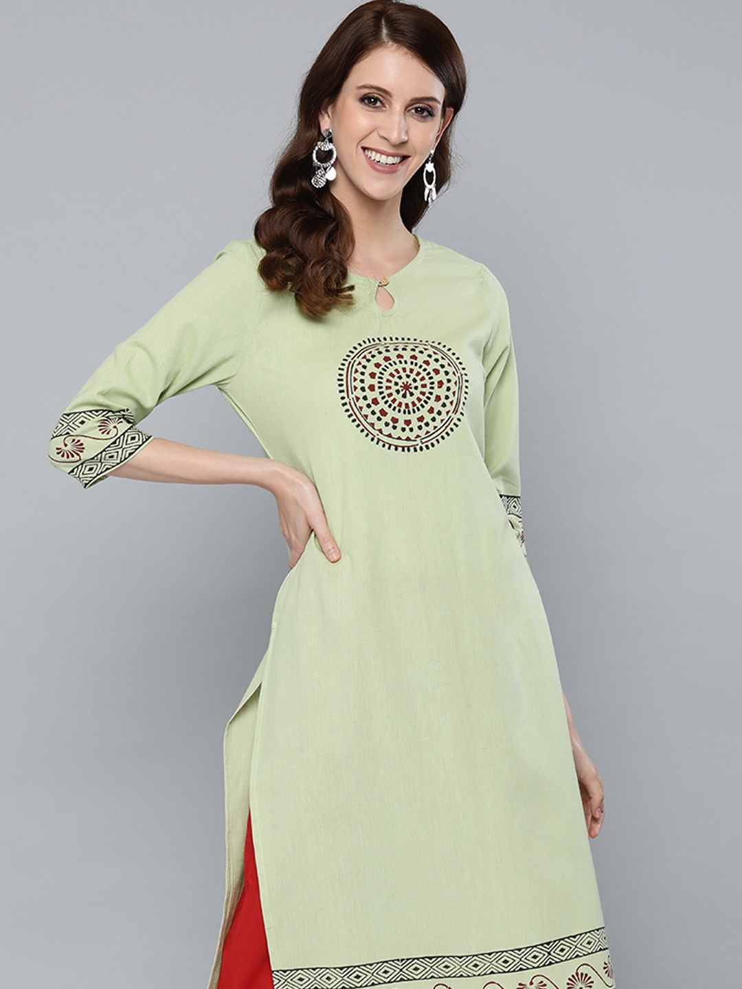 

HERE&NOW Women Green & Black Ethnic Block Printed Straight Kurta