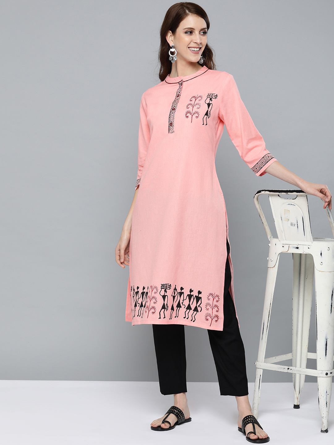 

HERE&NOW Women Pink & Black Quirky Block Printed Straight Kurta