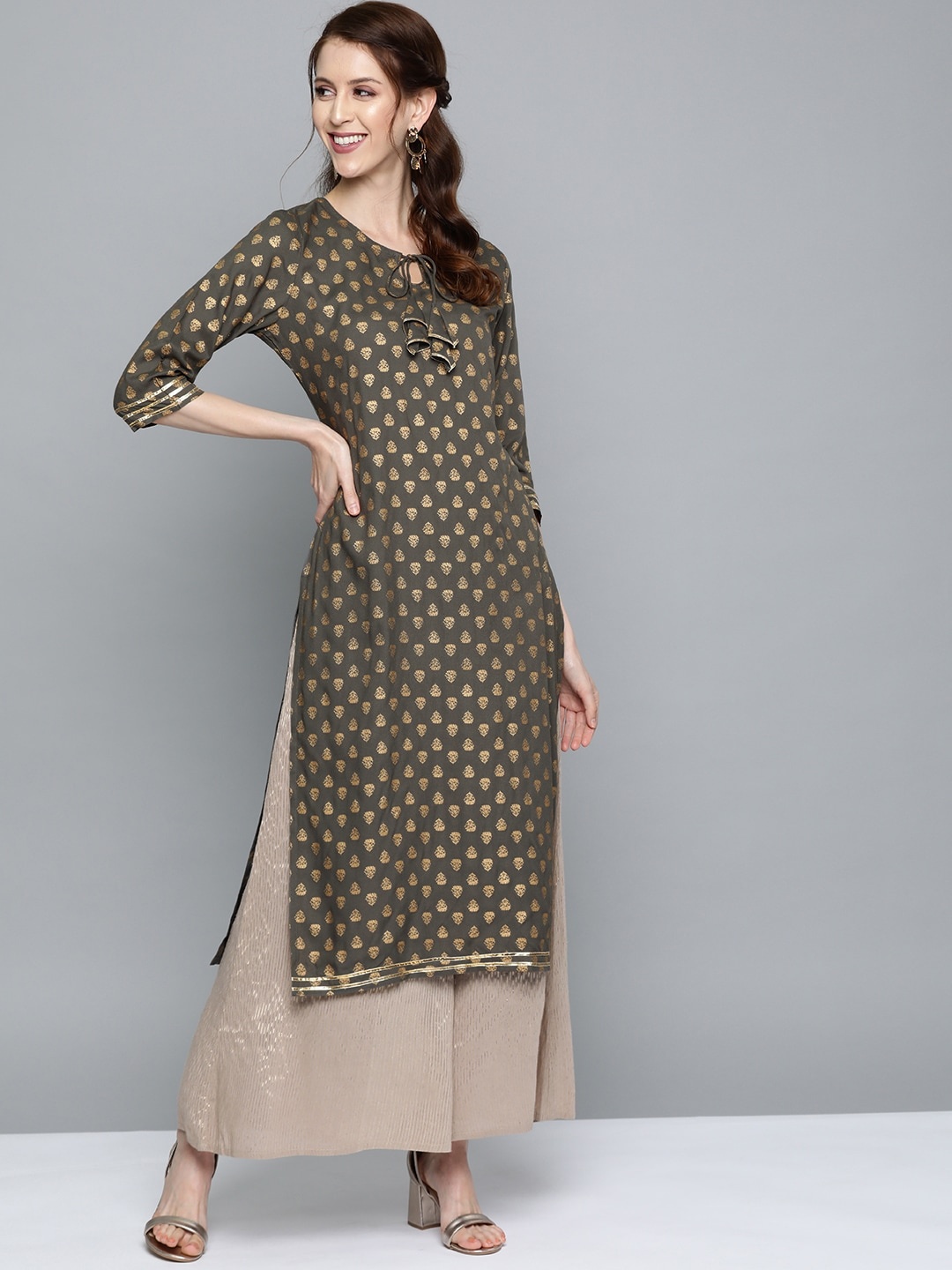 

HERE&NOW Women Charcoal Grey & Golden Ethnic Motif Print Straight Kurta