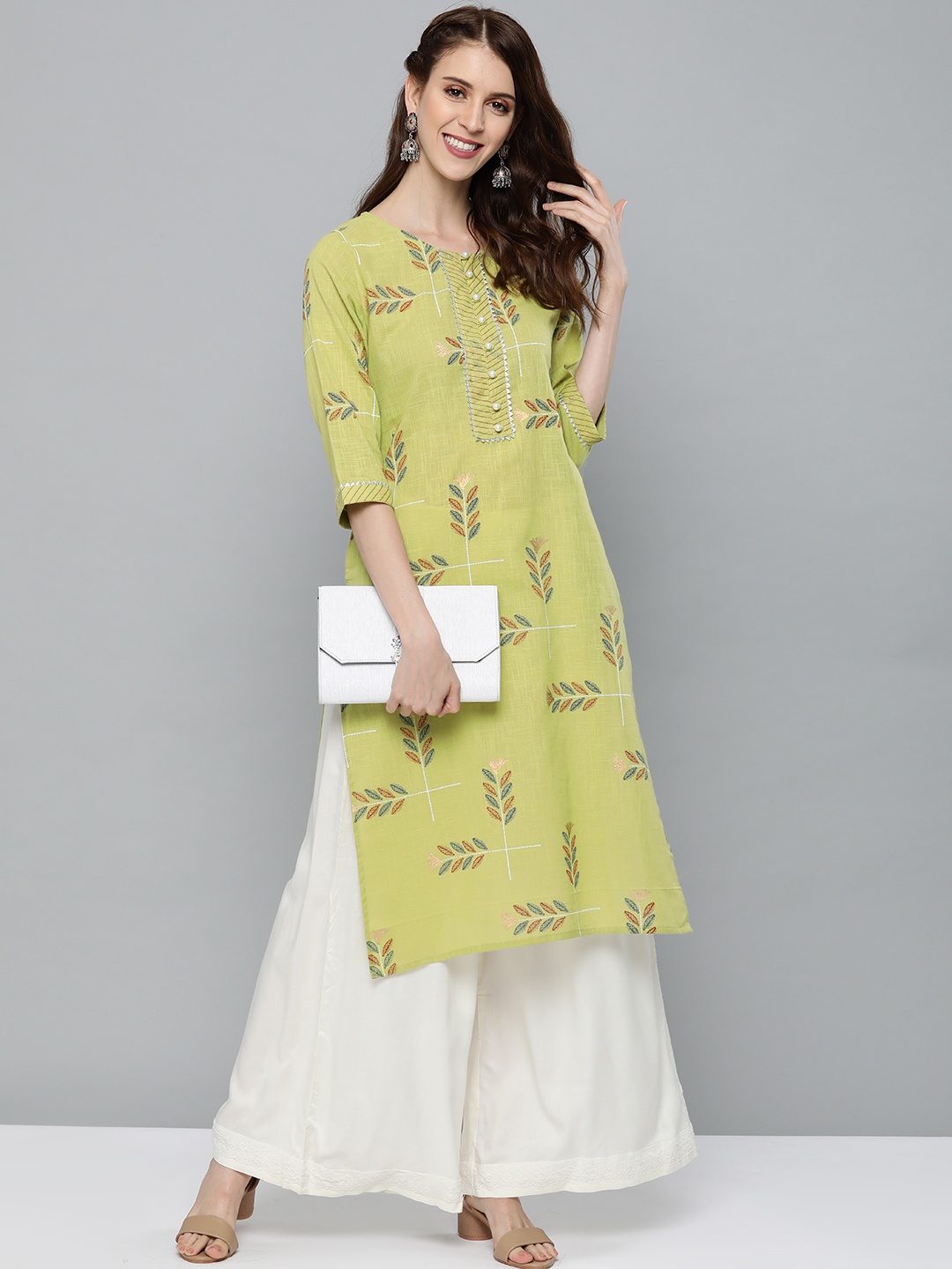 

HERE&NOW Women Green & Navy Blue Floral Print Straight Kurta