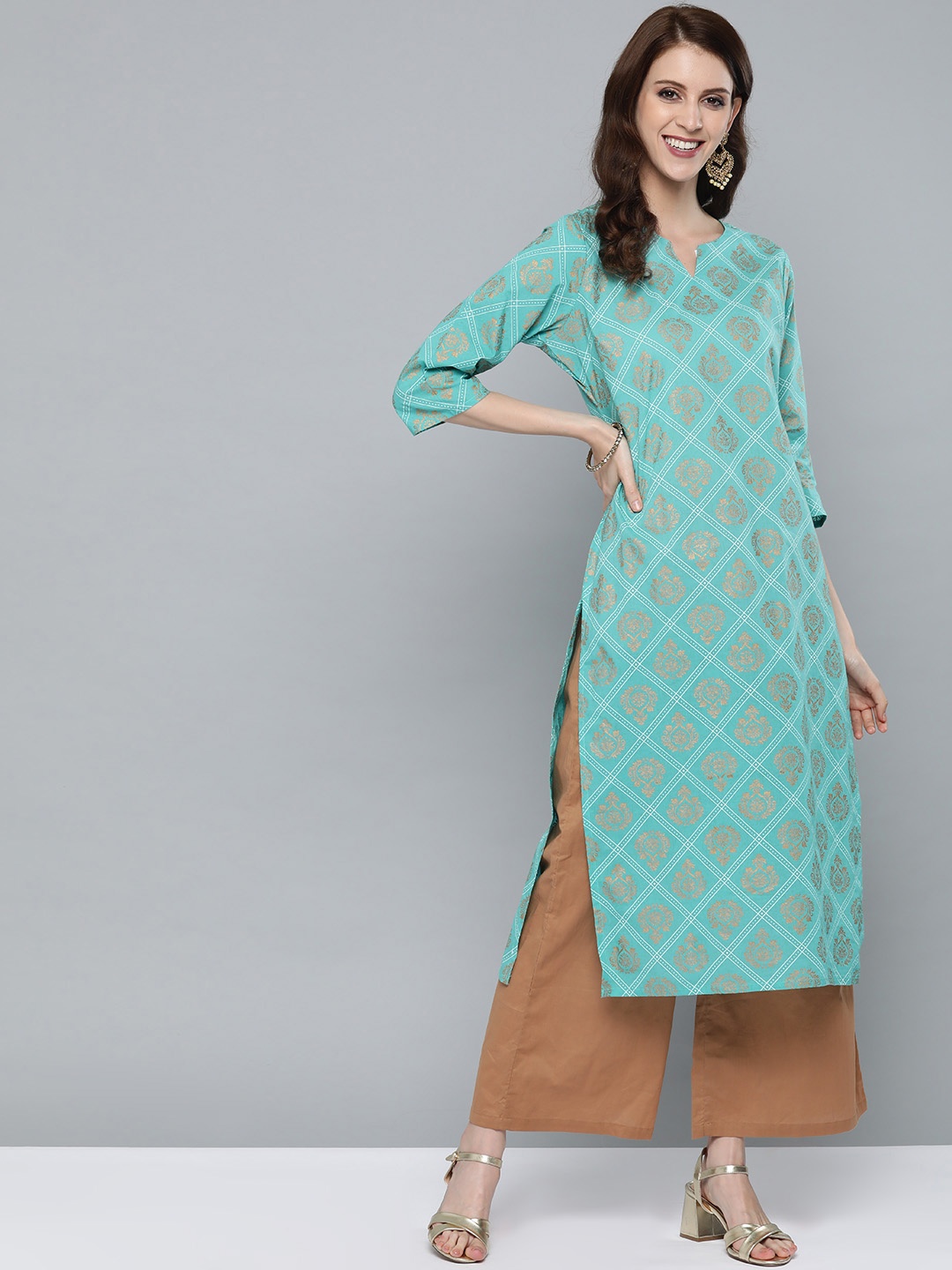 

HERE&NOW Women Blue & Golden Ethnic Printed Straight Kurta