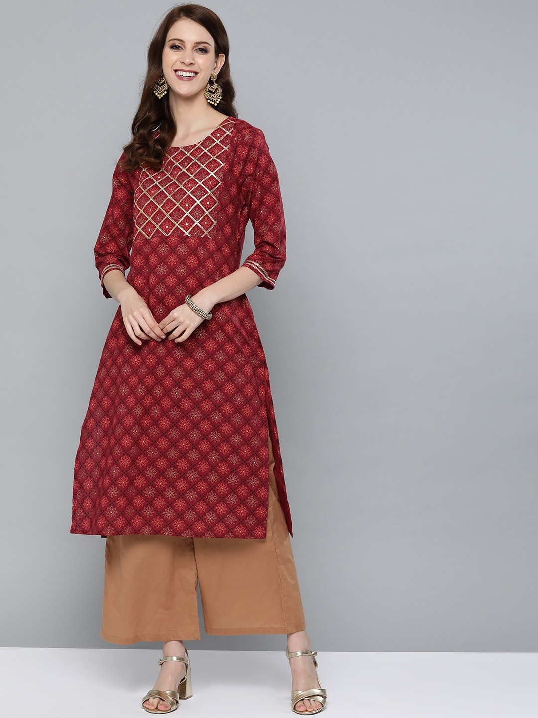 

HERE&NOW Women Maroon & Golden Floral Printed Straight Kurta