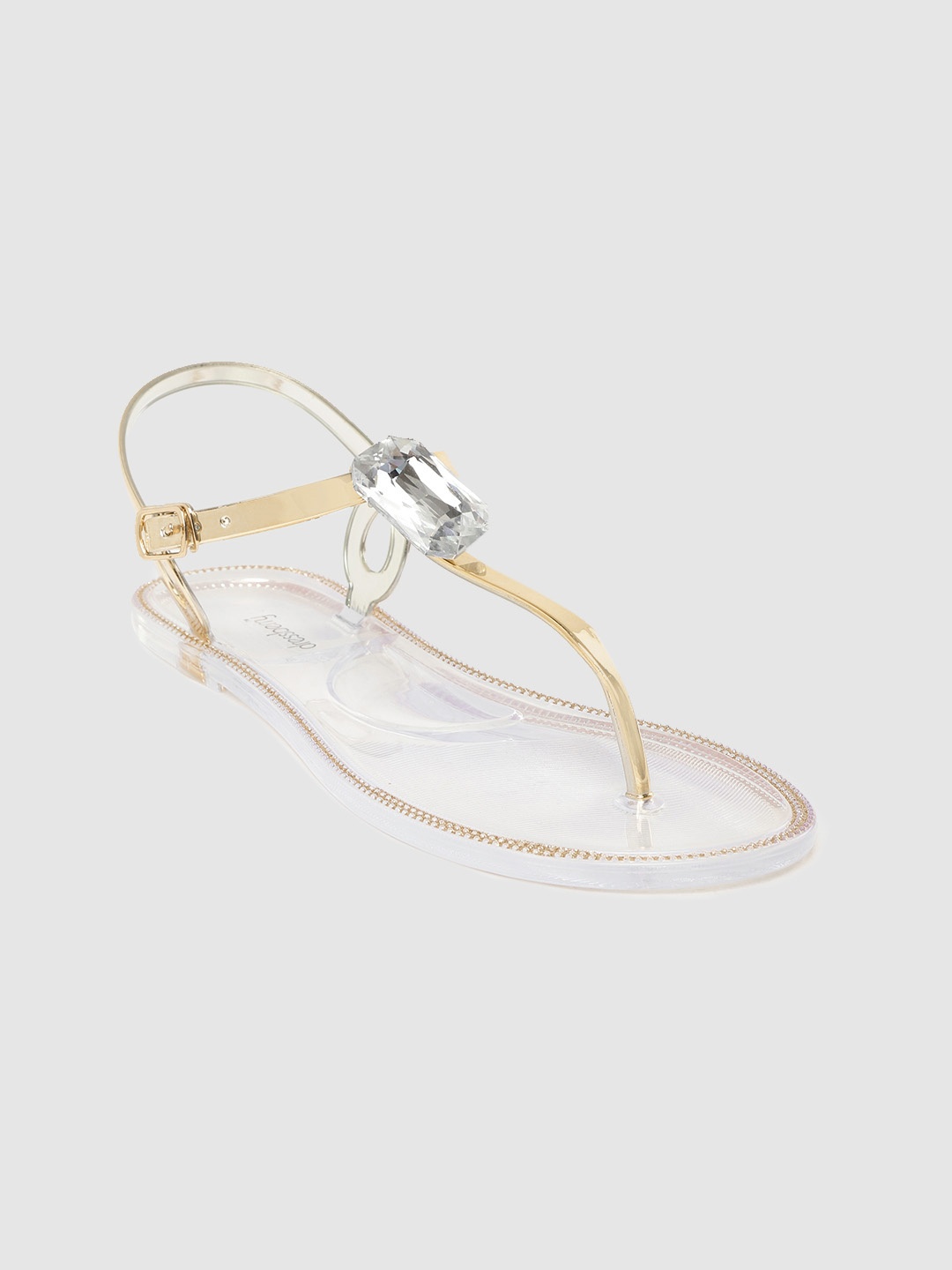 

DressBerry Women Gold-Toned Solid T-Strap Flats with Stone-Studded Detail