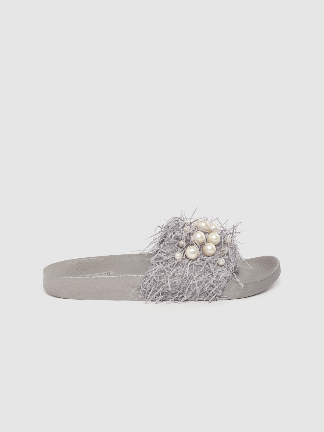 

DressBerry Women Grey & Off-White Beaded Open Toe Flats with Fringed Detail