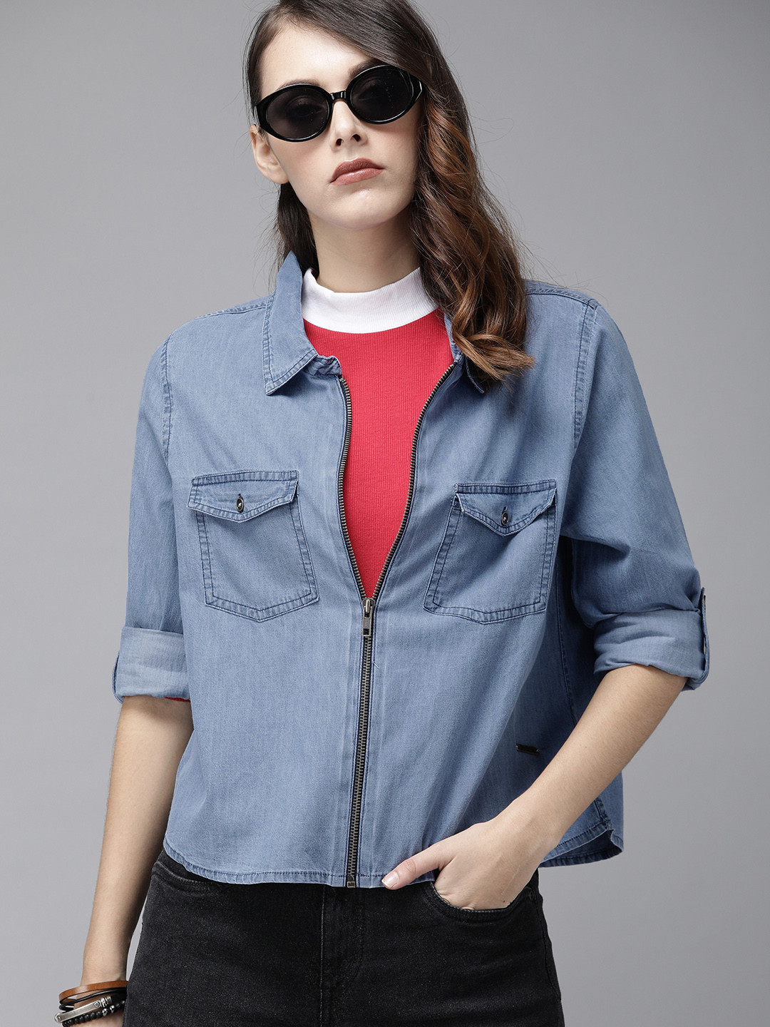 

Roadster Women Blue Regular Fit Faded Antiviral Protective Finish Casual Denim Shirt