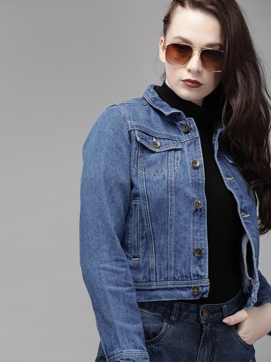 

Roadster Women Blue Washed Antiviral Protective Finish Denim Trucker Jacket