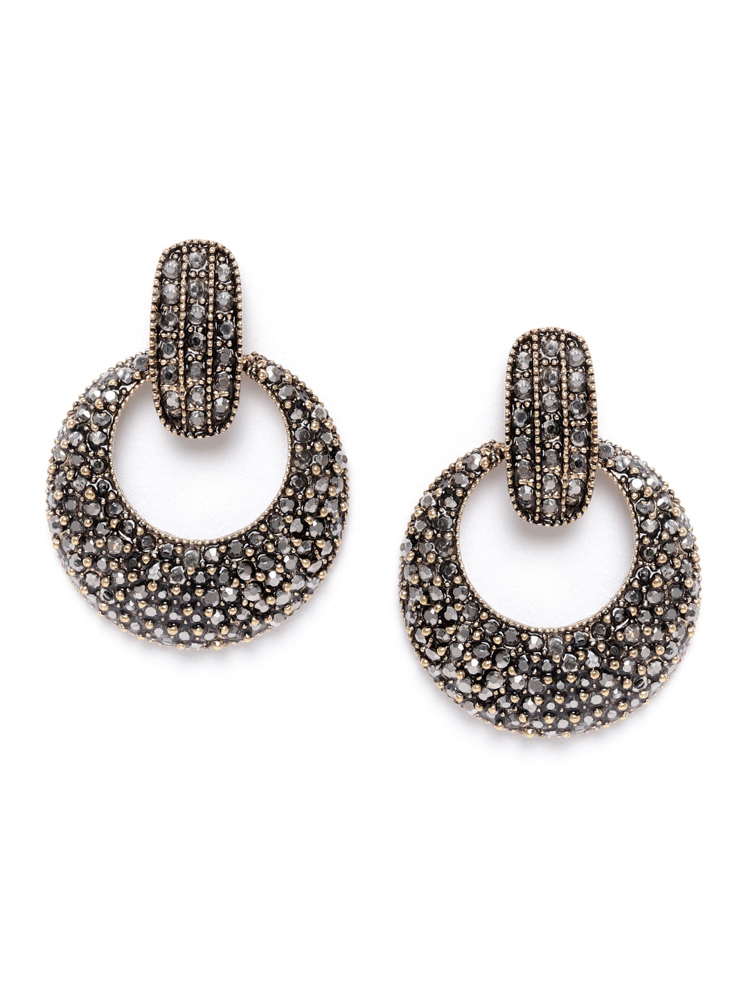 

Carlton London Charcoal Grey Gold-Toned Stone-Studded Circular Drop Earrings