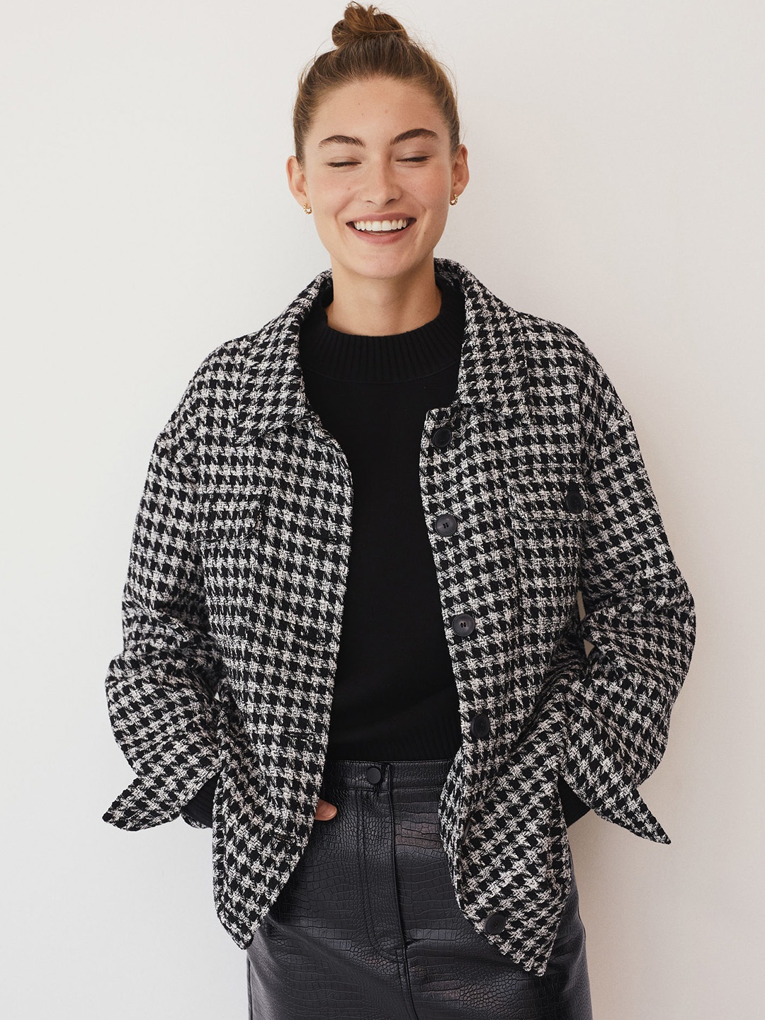 

MANGO Women Black & White Houndstooth Patterned Tailored Shacket