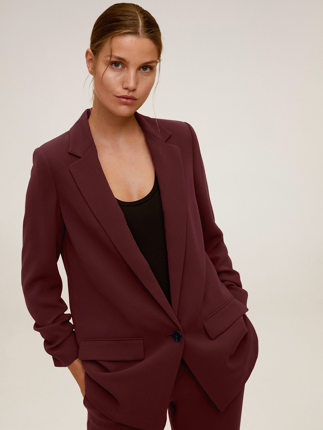 

MANGO Women Maroon Sustainable Solid Single-Breasted Longline Blazer