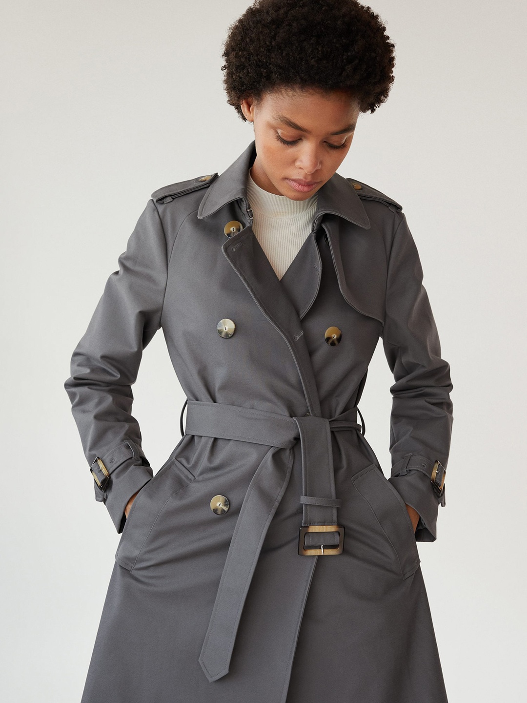 

MANGO Women Charcoal Grey Sustainable Solid Double-Breasted Trench Coat