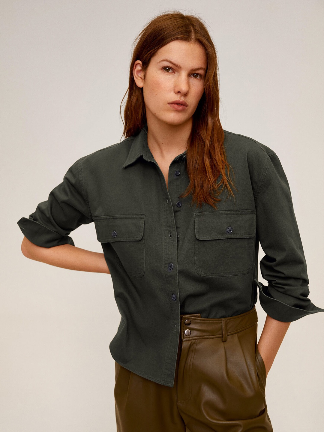 

MANGO Women Olive Green Pure Cotton Regular Fit Solid Denim Casual Shirt