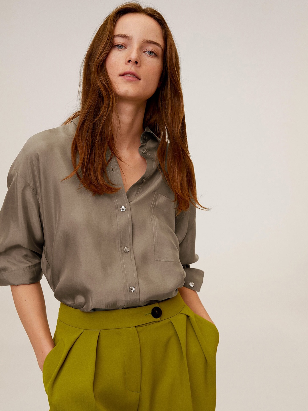 

MANGO Women Olive Brown Solid Casual Shirt, Green