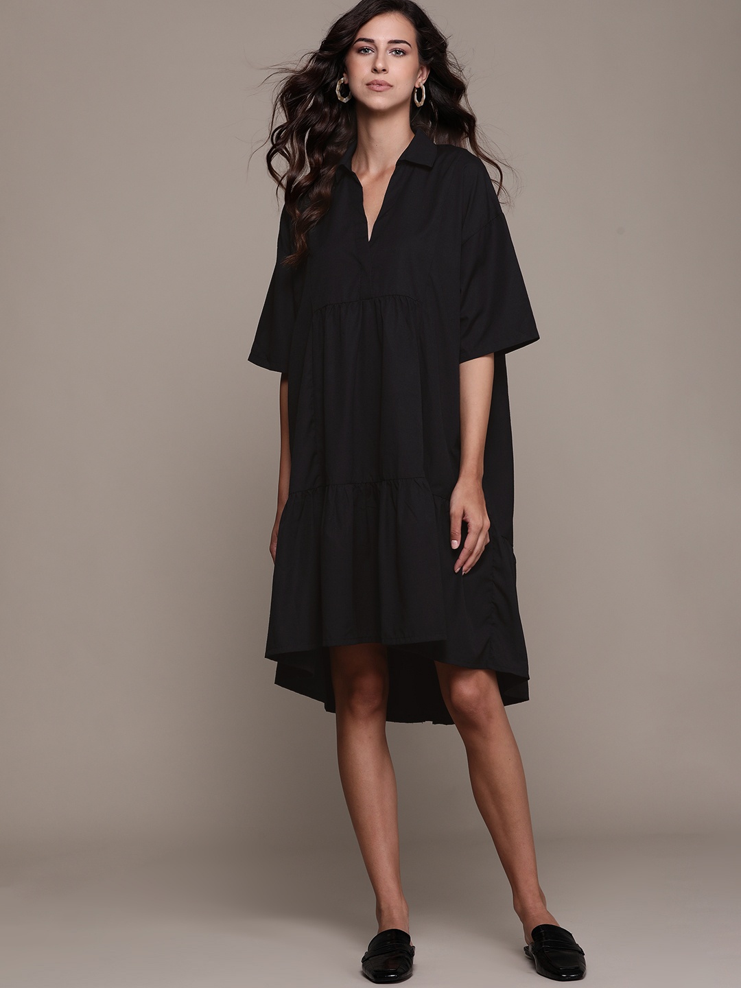 

MANGO Black Solid High-Low Shirt Dress