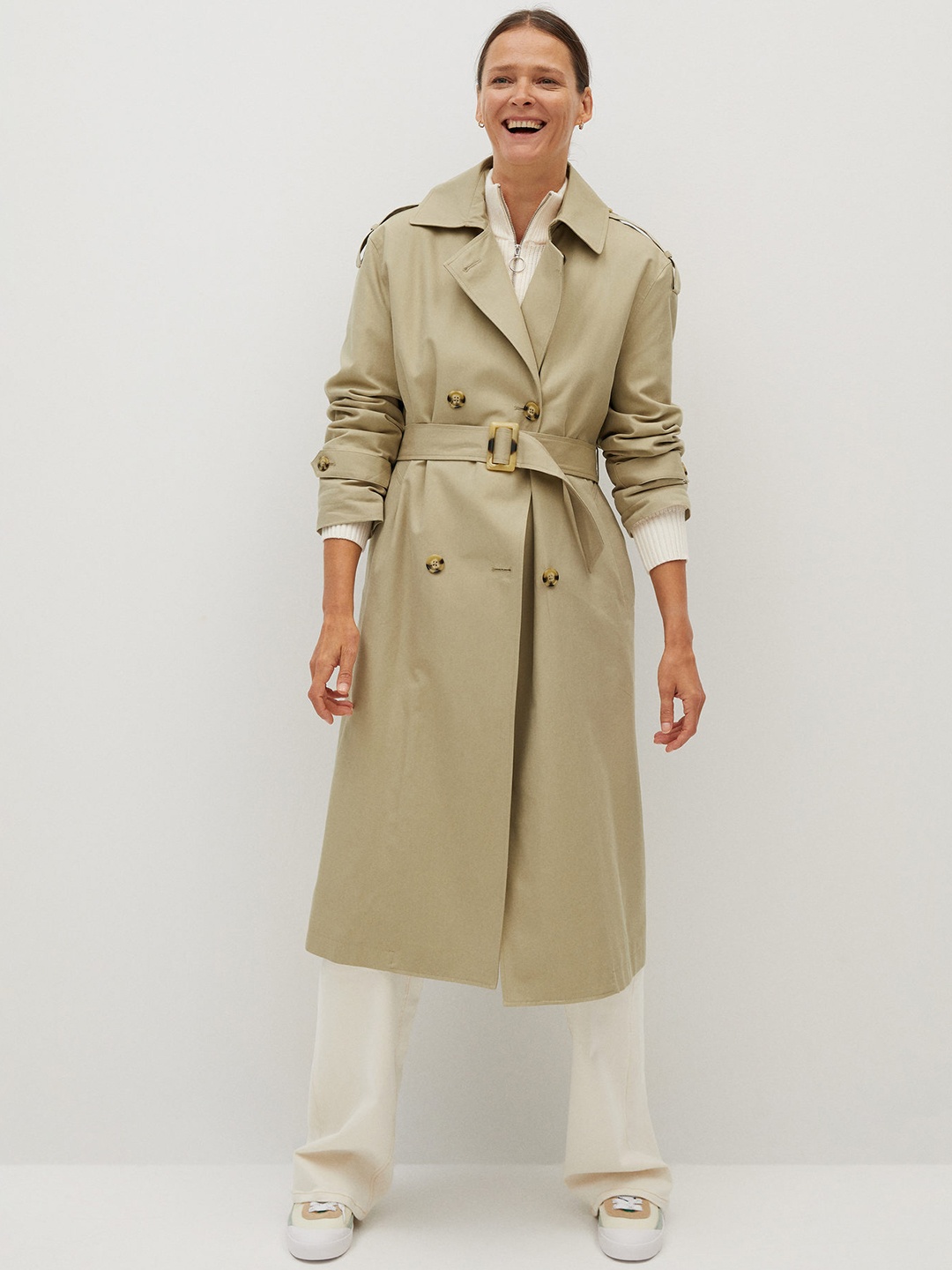 

MANGO Women Khaki Solid Double-Breasted Longline Sustainable Trench Coat