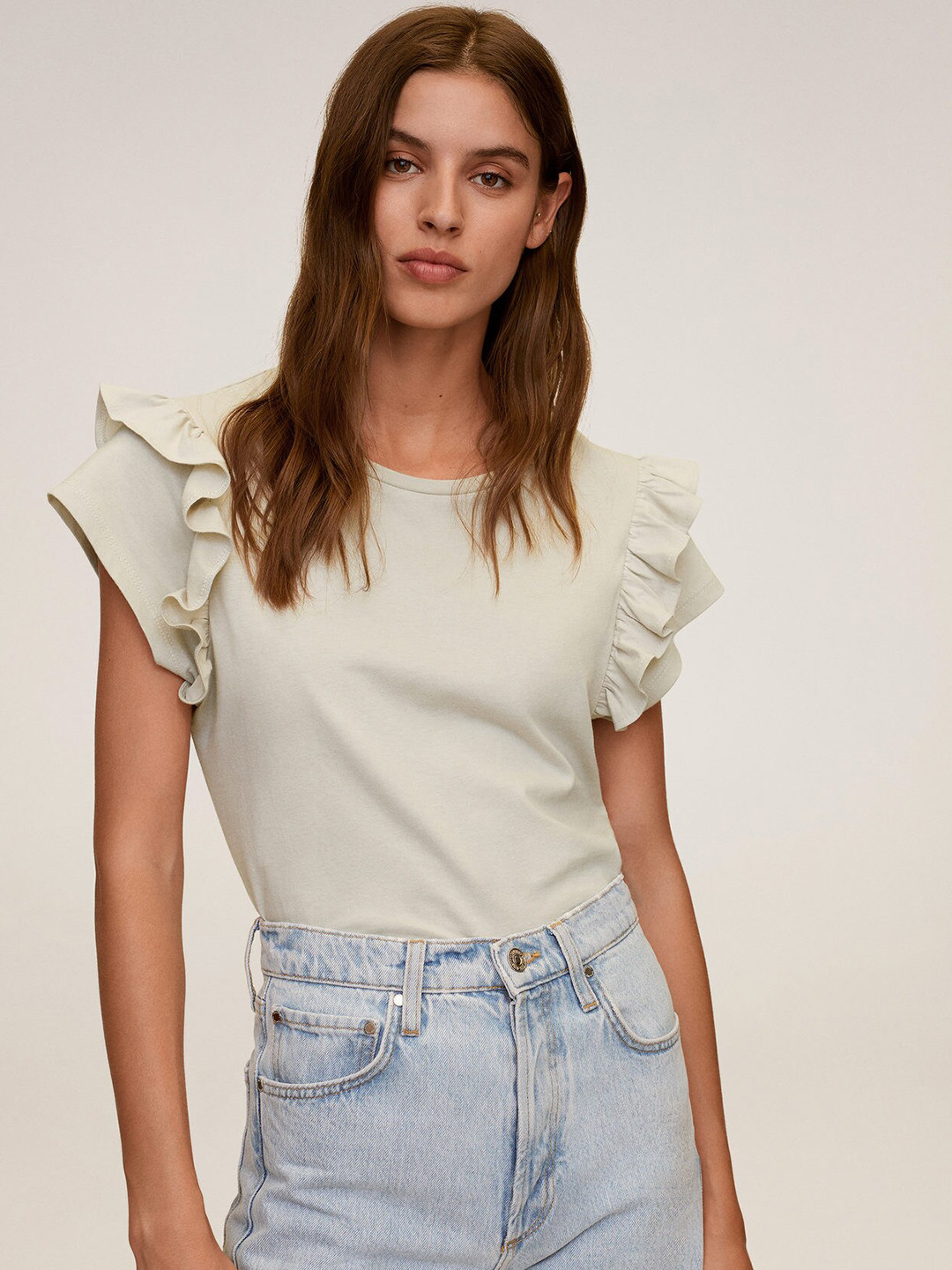 

MANGO Off White Organic Cotton Solid Extended Frills Sleeves Top