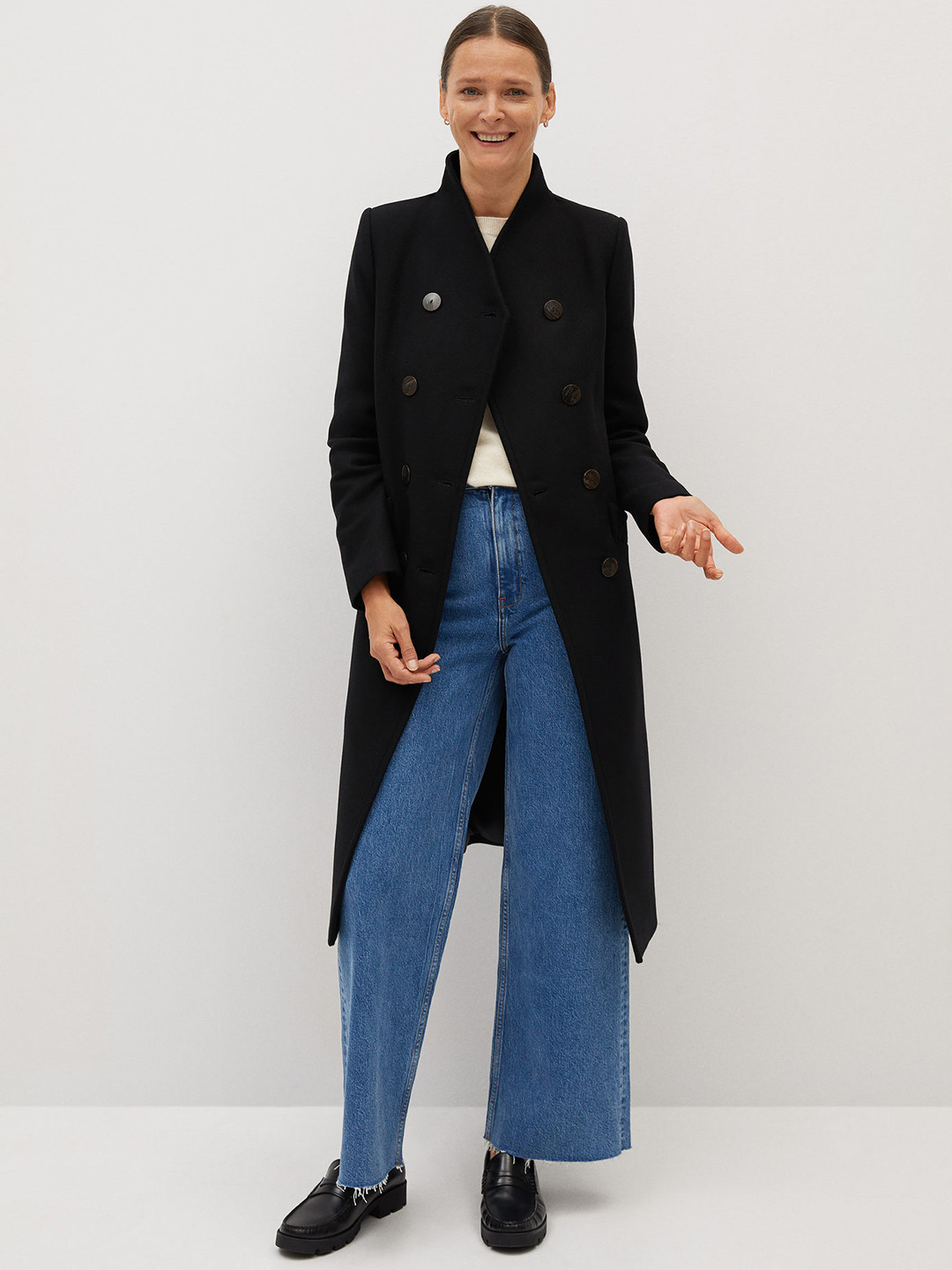 

MANGO Women Black Manteco Wool Double-Breasted Solid Longline Coat